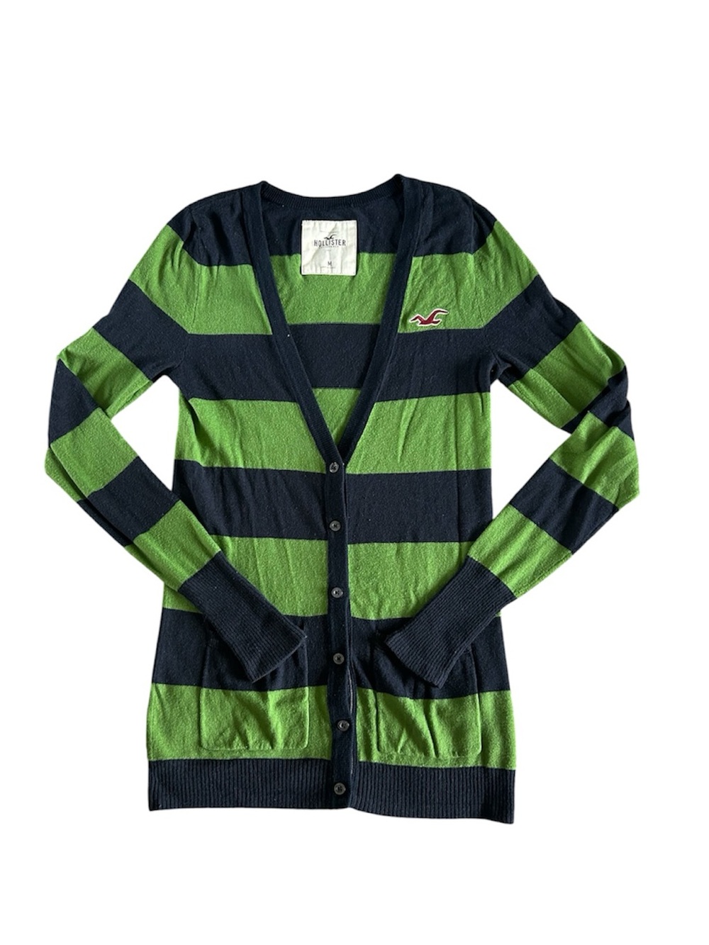 [Hollister] Navy and Green Striped Cardigan Sweater